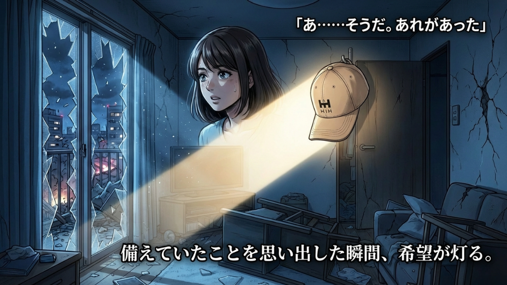 HIHロゴ入りボウメットを見つけるシーンの帽子型防災ヘルメット漫画