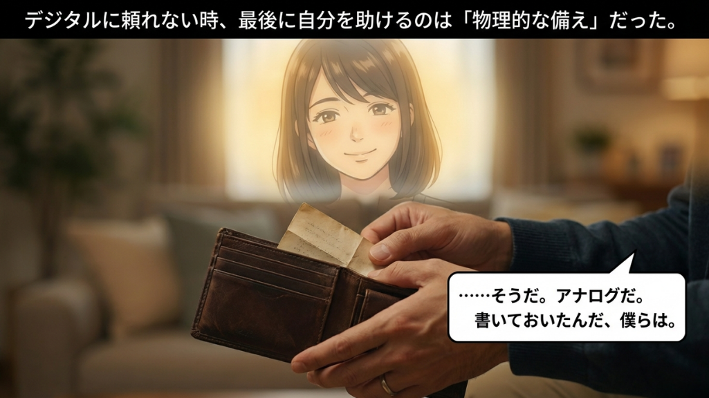 手帳を取り出してアナログで備えを確認する落ち着いた家庭の場面