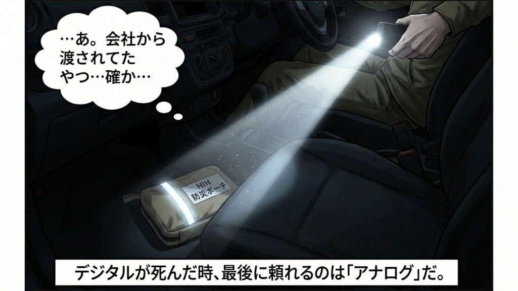 通信が使えない車内で懐中電灯に照らされる防災ポーチ｜デジタル停止時に役立つアナログの備え
