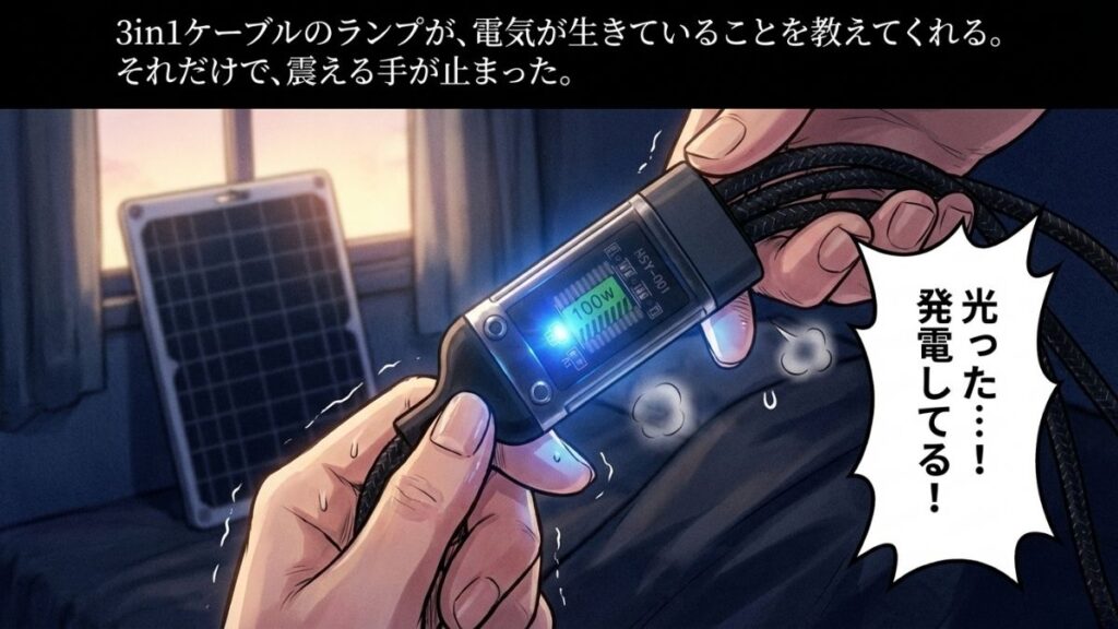 停電下でソーラーパネルの発電が確認でき、手元のランプに光が灯ることで安心する瞬間