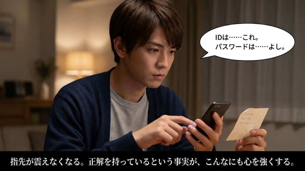 メモを見ながらスマホでIDとパスワードを入力する男性の自宅シーン