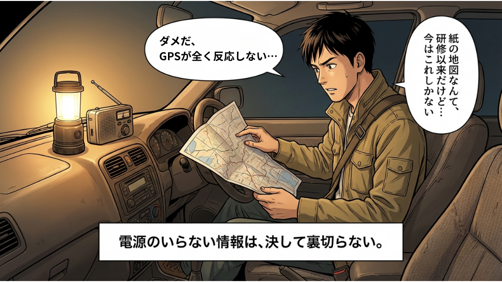 GPSが使えない状況で紙の地図を確認する車内の男性｜電源不要の情報が命を支える防災の教訓
