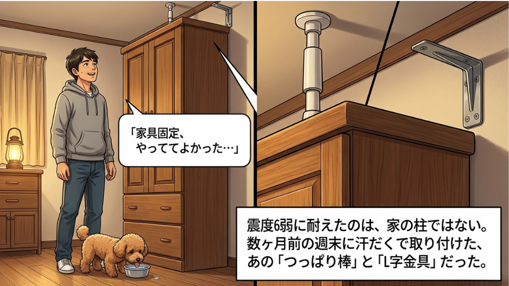 地震後、停電中の部屋で、ランタンの明かりの下、グレーのパーカーの男性が背の高いタンスを見上げ、「家具固定、やっててよかった…」と安堵している漫画のコマ。足元ではトイプードルが水を飲んでいる。右側のクローズアップコマでは、タンスが「つっぱり棒」と「L字金具」で天井と壁にしっかりと固定されている様子が詳細に描かれている。下部のテキストボックスには、震度6弱の揺れに耐えたのは、数ヶ月前に苦労して取り付けたこれらの器具のおかげだった、という内容が記されている。