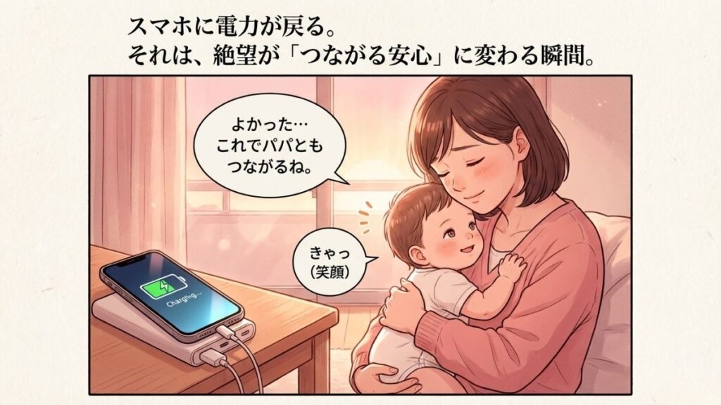 スマートフォンに電力が戻り、赤ちゃんを抱きしめながら安堵する母親の穏やかな瞬間