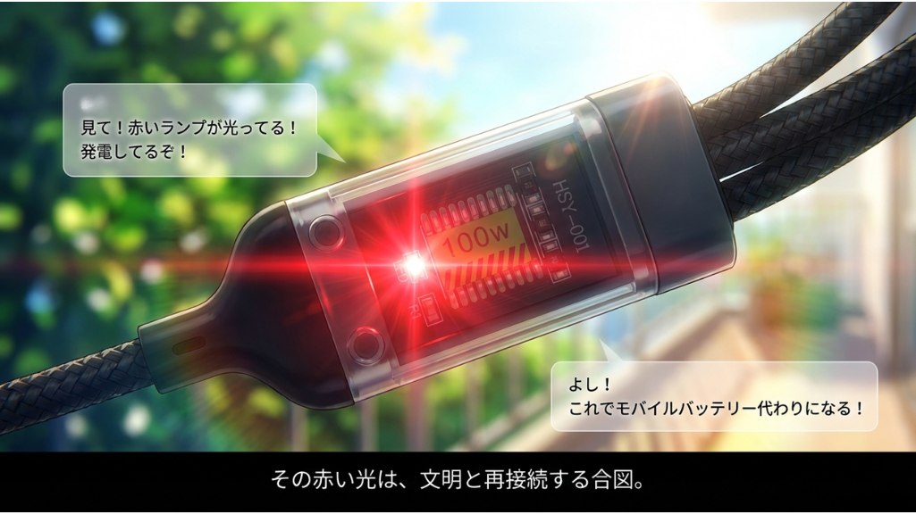 停電時にソーラーパネルで太陽光充電して電源を確保する防災イメージ