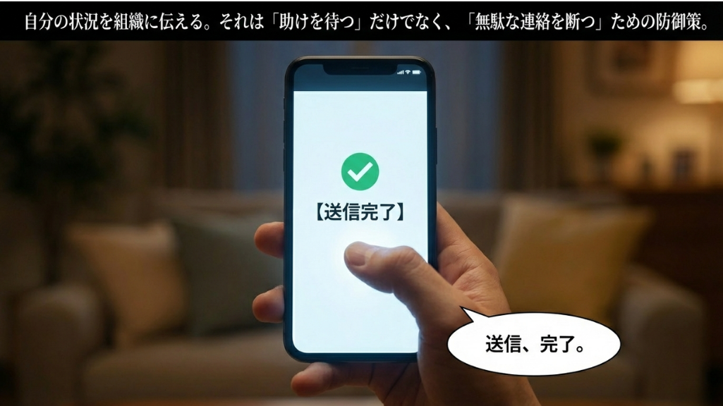 スマホ画面に「送信完了」と表示され安否確認が完了した手元のアップ