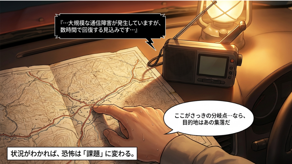 紙の地図とラジオで状況を把握し進路を判断する車内のシーン｜通信障害時に冷静さを取り戻す防災行動
