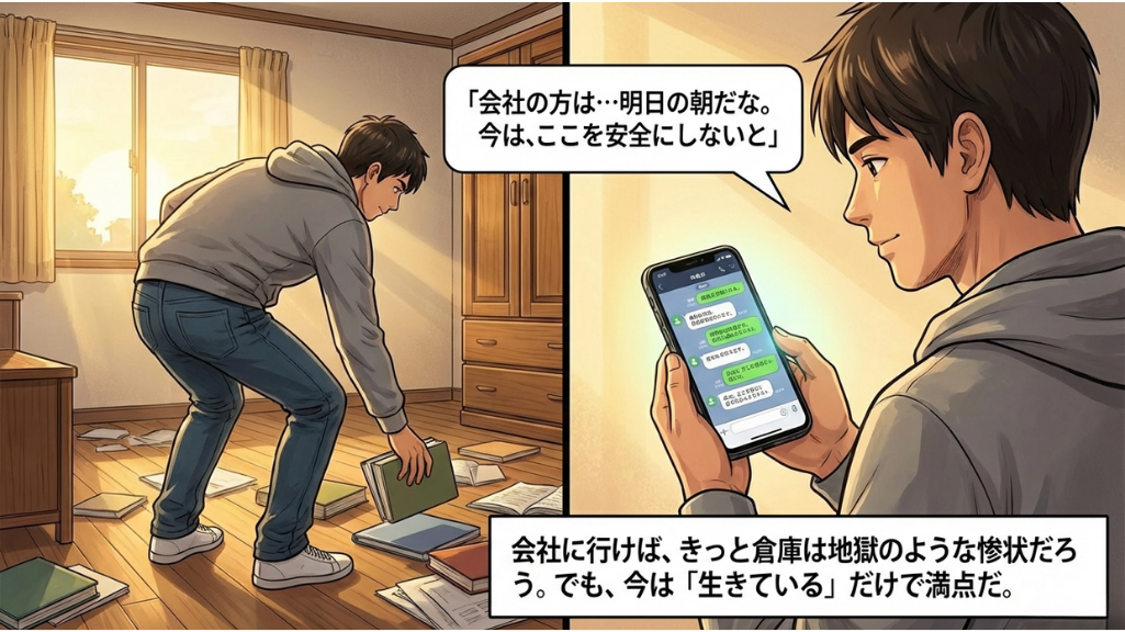 地震後、停電中の部屋で、ランタンの明かりの下、グレーのパーカーの男性が背の高いタンスを見上げ、「家具固定、やっててよかった…」と安堵している漫画のコマ。足元ではトイプードルが水を飲んでいる。右側のクローズアップコマでは、タンスが「つっぱり棒」と「L字金具」で天井と壁にしっかりと固定されている様子が詳細に描かれている。下部のテキストボックスには、震度6弱の揺れに耐えたのは、数ヶ月前に苦労して取り付けたこれらの器具のおかげだった、という内容が記されている。