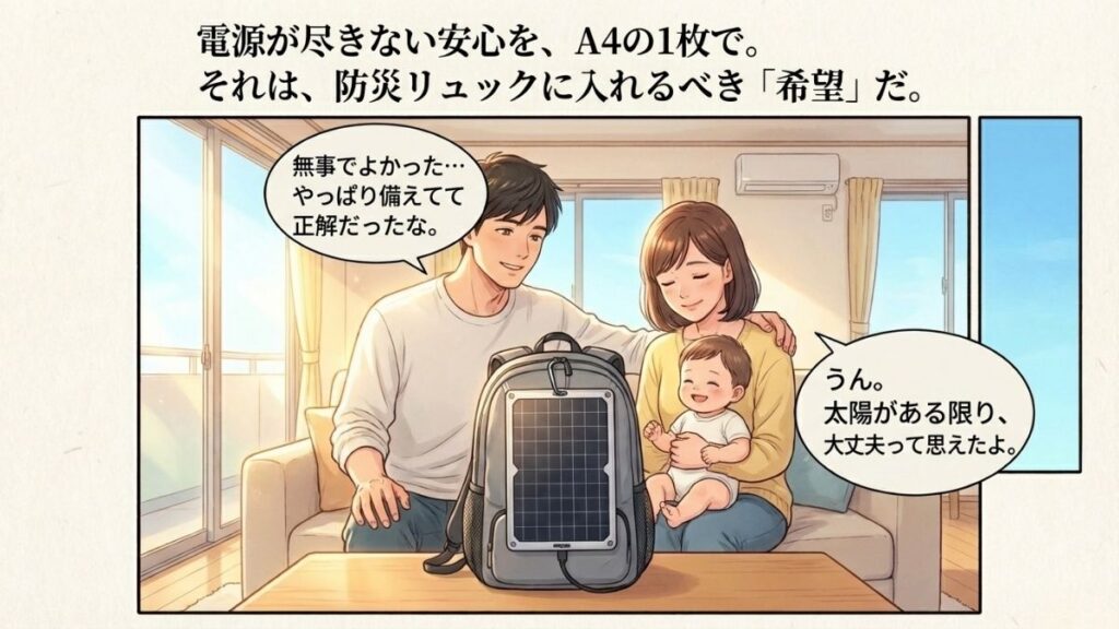 災害を乗り越え、備えていた防災リュックを囲んで安堵の表情を見せる家族の穏やかな日常の一場面