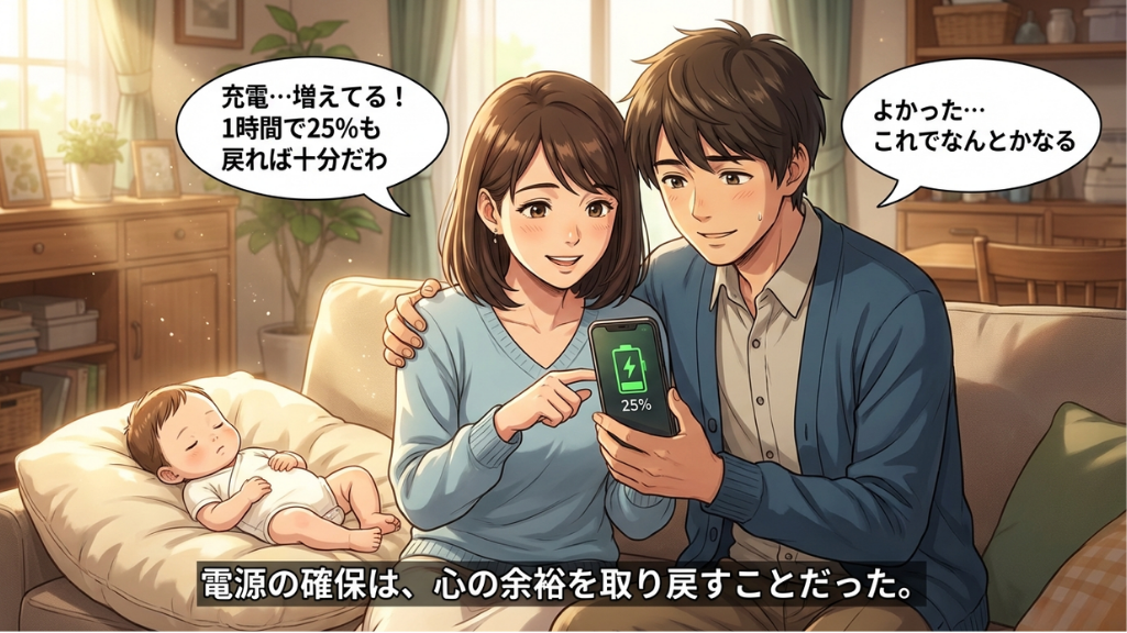 ソーラーパネルの発電で赤ランプが点灯し充電できている接続ケーブルのイメージ