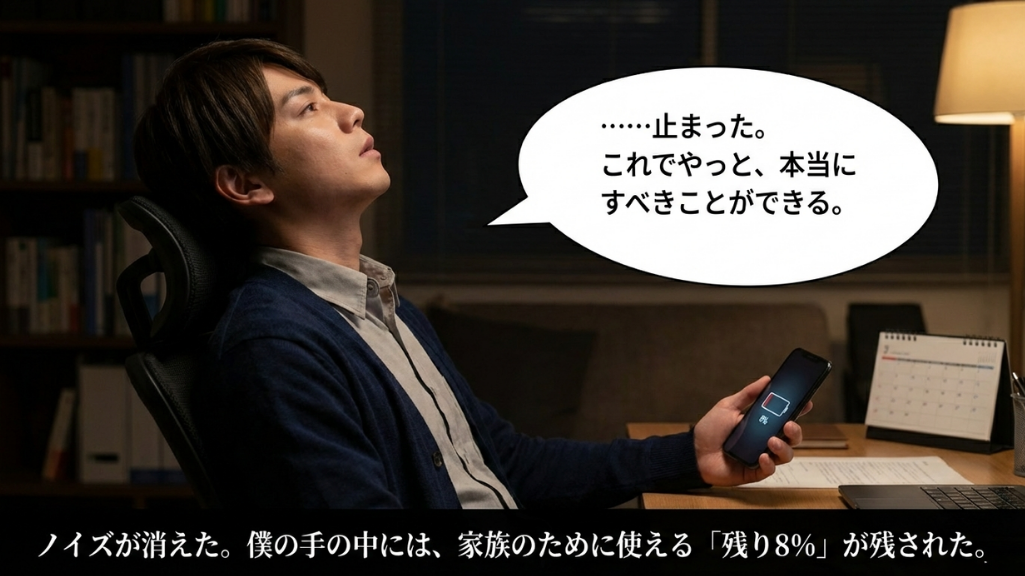 安否確認が終わり安堵して椅子にもたれる男性と残り8%のスマホ