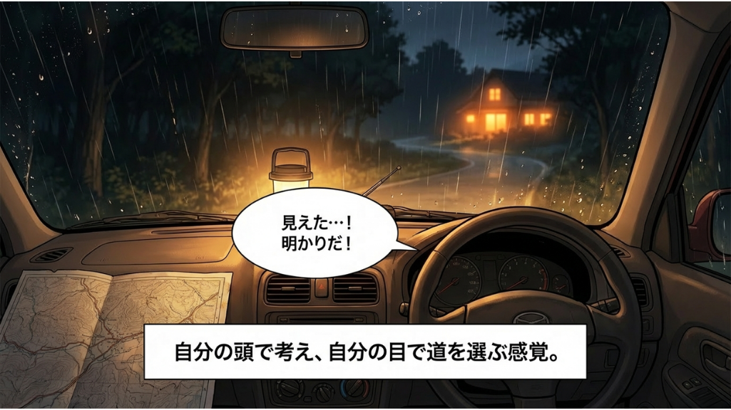 雨の夜、紙の地図と灯りを頼りに進路を見つける車内の視点｜自分の判断で道を選ぶ防災の感覚
