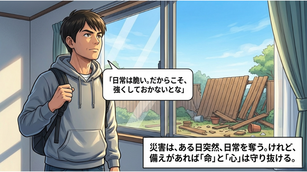 地震後、停電中の部屋で、ランタンの明かりの下、グレーのパーカーの男性が背の高いタンスを見上げ、「家具固定、やっててよかった…」と安堵している漫画のコマ。足元ではトイプードルが水を飲んでいる。右側のクローズアップコマでは、タンスが「つっぱり棒」と「L字金具」で天井と壁にしっかりと固定されている様子が詳細に描かれている。下部のテキストボックスには、震度6弱の揺れに耐えたのは、数ヶ月前に苦労して取り付けたこれらの器具のおかげだった、という内容が記されている。
