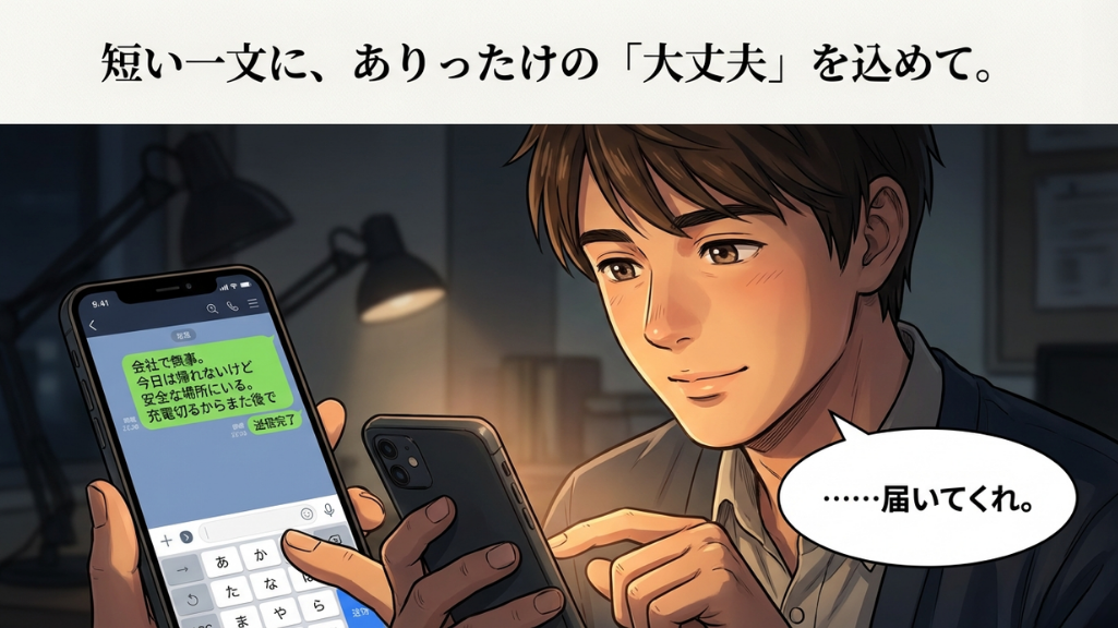 家族へ短いメッセージを送ろうとする男性とスマホ画面の入力シーン