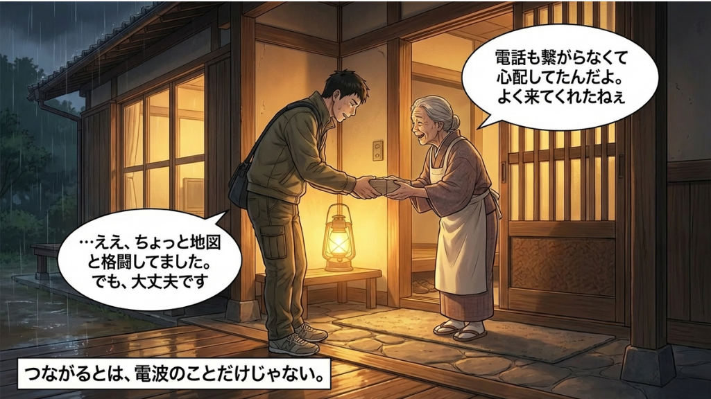 通信が使えない夜、無事にたどり着き高齢の女性と再会する場面｜人とのつながりが安心を生む防災の結末

