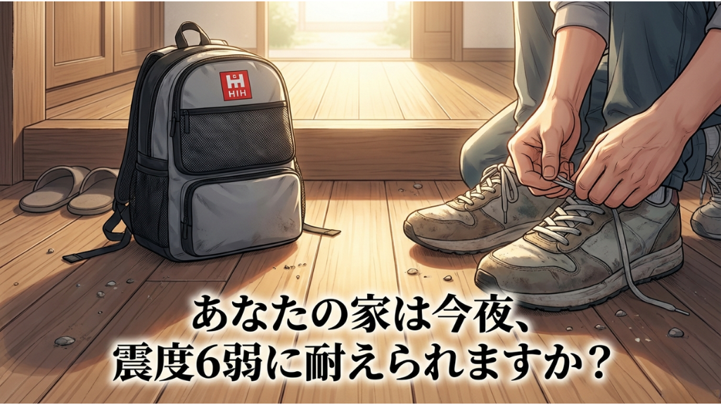 地震後、停電中の部屋で、ランタンの明かりの下、グレーのパーカーの男性が背の高いタンスを見上げ、「家具固定、やっててよかった…」と安堵している漫画のコマ。足元ではトイプードルが水を飲んでいる。右側のクローズアップコマでは、タンスが「つっぱり棒」と「L字金具」で天井と壁にしっかりと固定されている様子が詳細に描かれている。下部のテキストボックスには、震度6弱の揺れに耐えたのは、数ヶ月前に苦労して取り付けたこれらの器具のおかげだった、という内容が記されている。