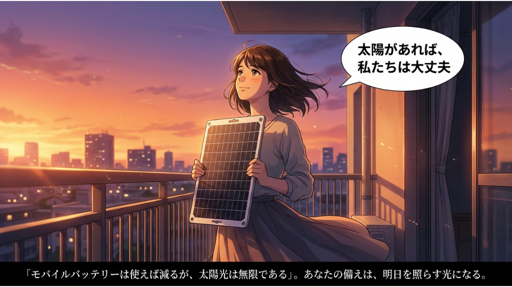 太陽光で充電できるソーラーパネルを持ち安心する女性の防災イメージ