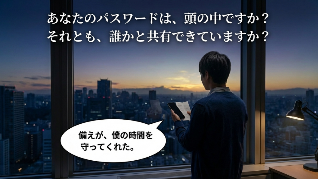夕暮れの窓辺でスマホとメモを持ち備えの大切さを感じる男性の後ろ姿

