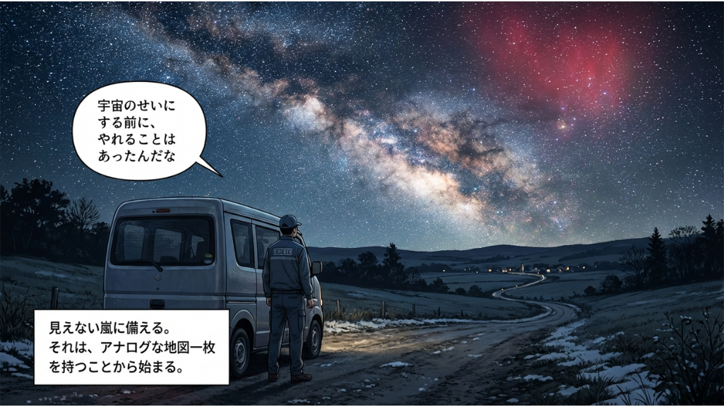 星空と天の川を見上げながら備えを考える人物と車｜見えない宇宙の影響に備える防災のメッセージ
