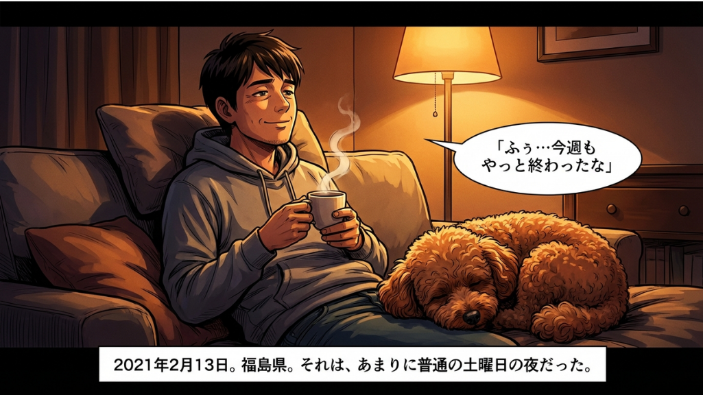 2021年2月13日、福島県の夜。温かい照明のリビングで、グレーのパーカーを着た男性がソファに座り、マグカップを手に一息ついている。彼の膝の上では茶色のトイプードルが丸くなって眠っている。男性のフキダシには「ふぅ…今週もやっと終わったな」とあり、下部のテキストには「それは、あまりに普通の土曜日の夜だった。」と記されている漫画のワンシーン。