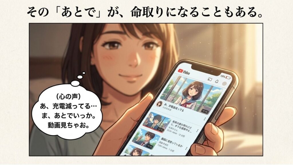 充電が減っているスマートフォンを見ながら「あとでいいか」と考える女性の何気ない日常を切り取ったイラスト