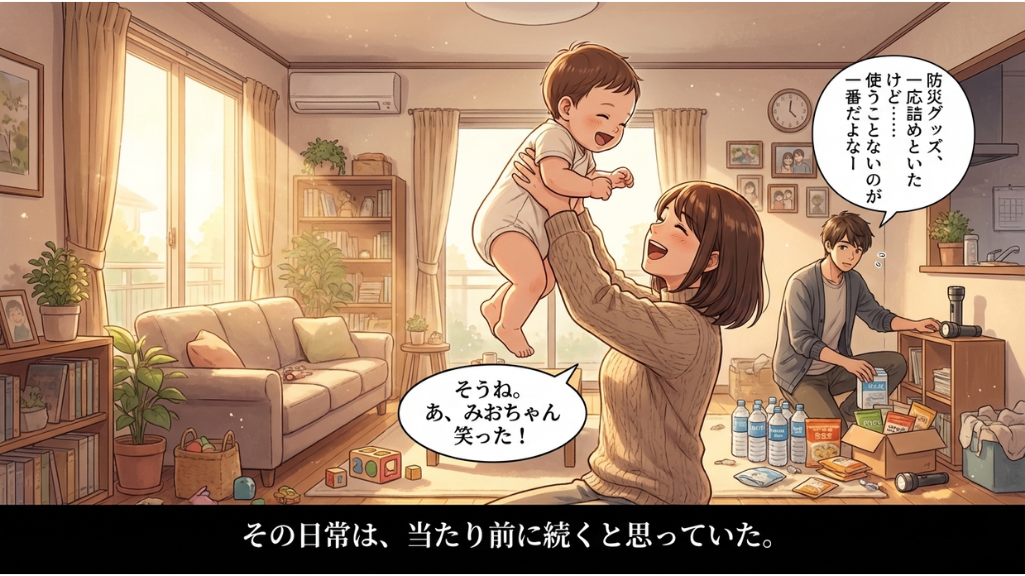家族で防災グッズと備蓄を準備する日常のリビング風景