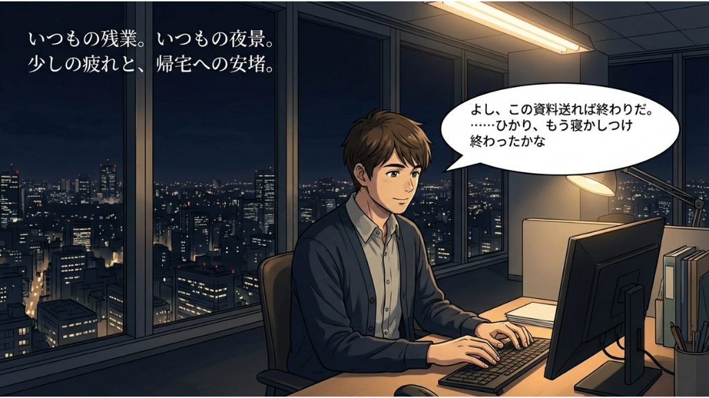 夜のオフィスで男性がパソコン作業を終え帰宅前にひと息つく場面
