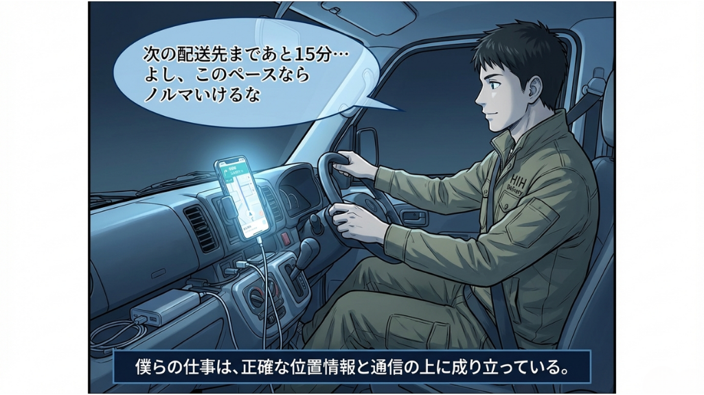 配送ドライバーがスマートフォンのナビを使って走行するイメージ｜位置情報と通信に依存する仕事の現実
