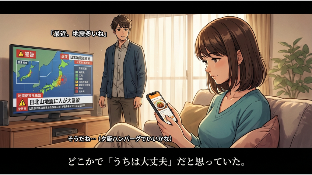 地震速報が流れる家庭のリビングと備え不足を感じる防災ストーリー漫画
