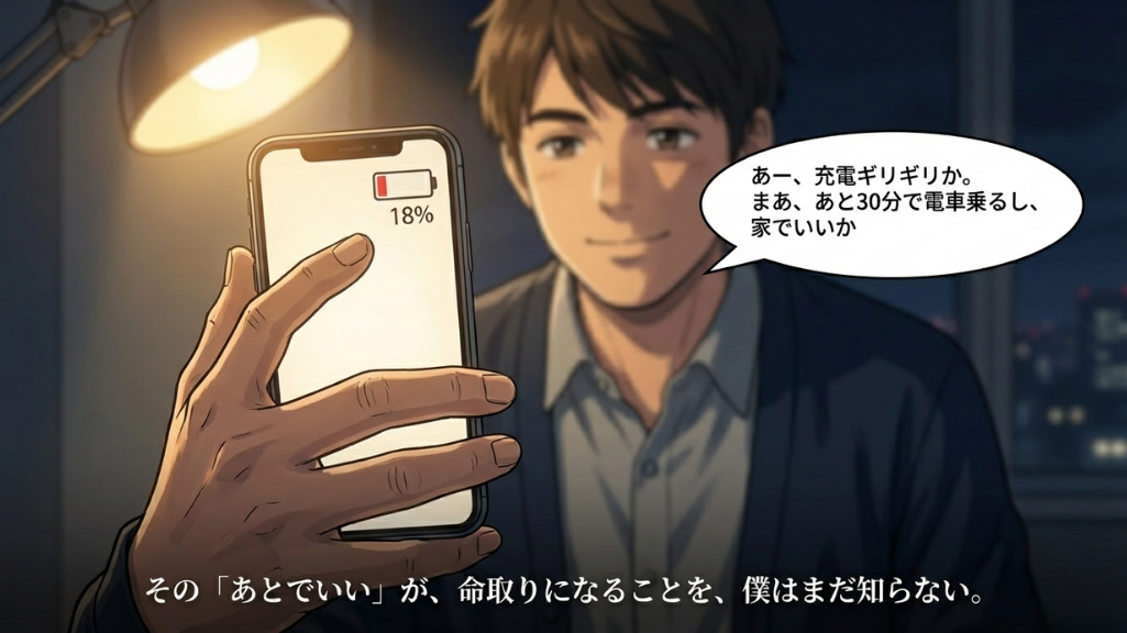 スマホの電池残量18%を見て安心する男性のクローズアップ
