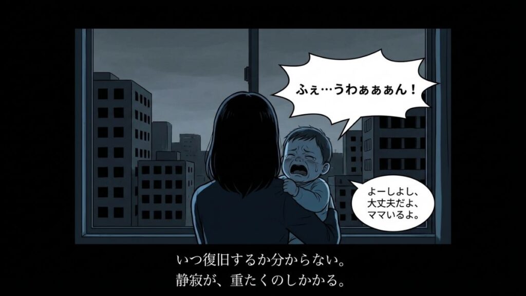 停電で街が暗闇に沈む夜、泣き出した赤ちゃんを抱きしめながら必死にあやす母親のシーン