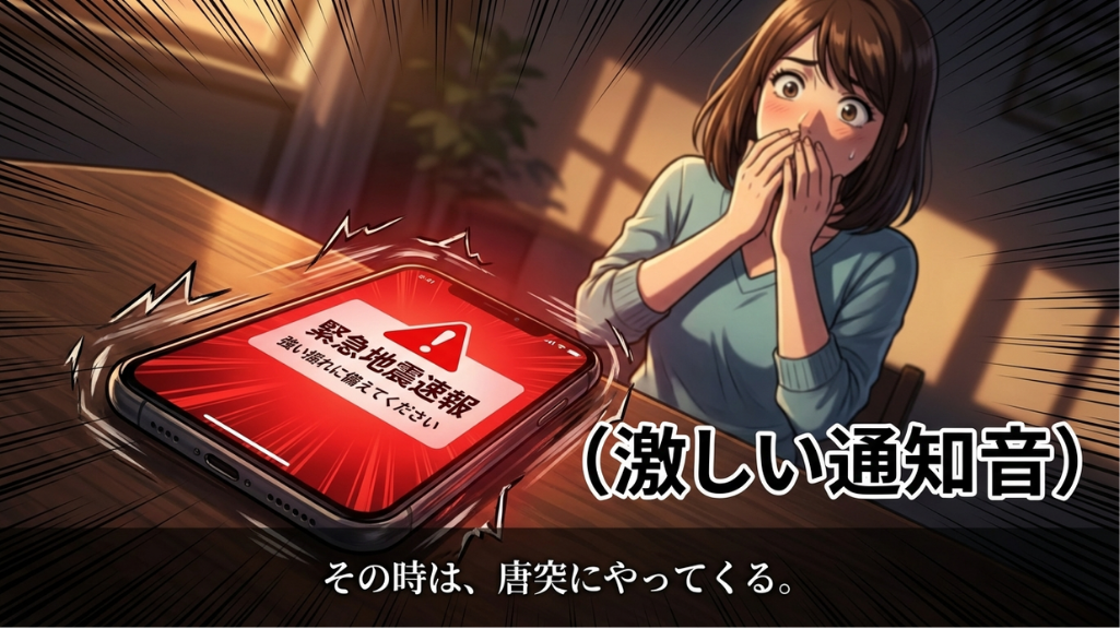 緊急地震速報の通知音で驚く女性の防災意識を描いた災害シーン漫画
