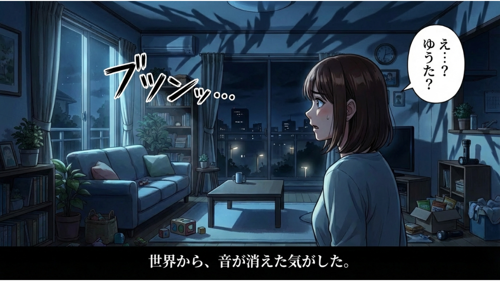 夜の停電で不安になる室内の様子と災害時の備えを想起させるイメージ