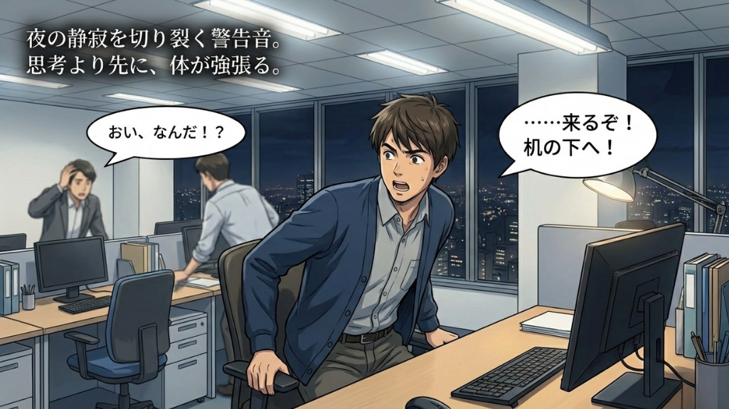 夜のオフィスで地震発生、男性が机の下へ避難を促す緊迫シーン