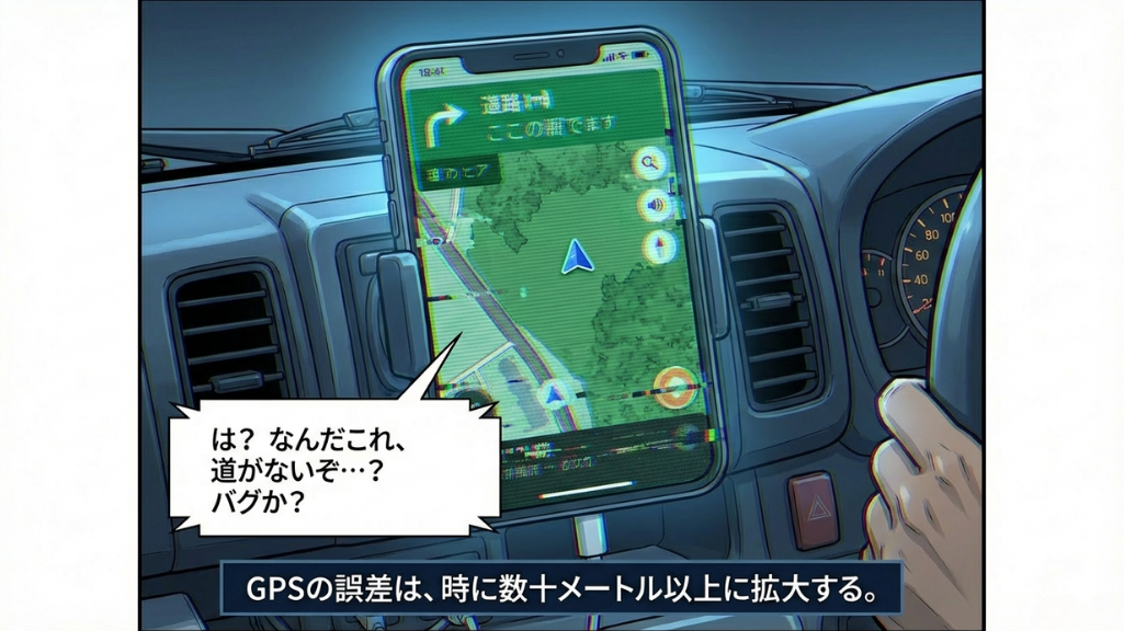 太陽活動の影響でGPS誤差が拡大しナビが正常に表示されない車内シーン｜位置情報トラブルの実例