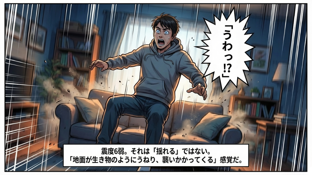 激しく揺れる部屋の中で、ソファから立ち上がりバランスを崩して驚愕する男性の姿を描いた漫画のコマ。男性は「うわっ！？」と叫び、周囲には埃が舞い上がり、部屋全体が振動している様子が集中線で表現されている。下部のテキストボックスには「震度6弱。それは「揺れる」ではない。「地面が生き物のようにうなり、襲いかかってくる」感覚だ。」と記されている。