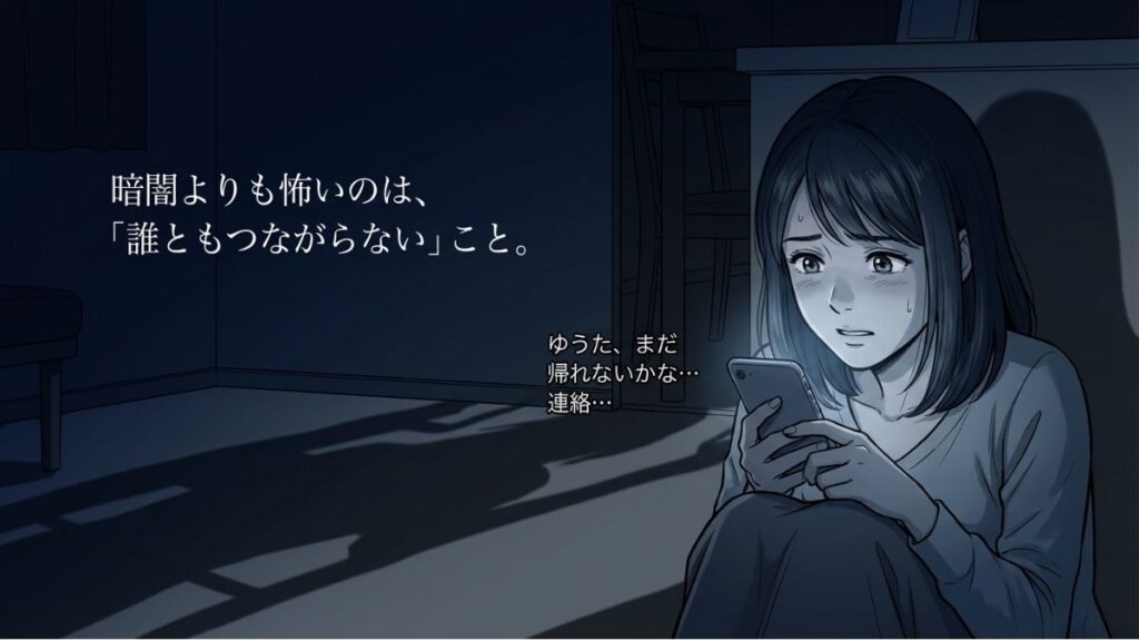 暗闇の中でスマートフォンを見つめ、家族と連絡が取れない不安に包まれる女性の夜のシーン