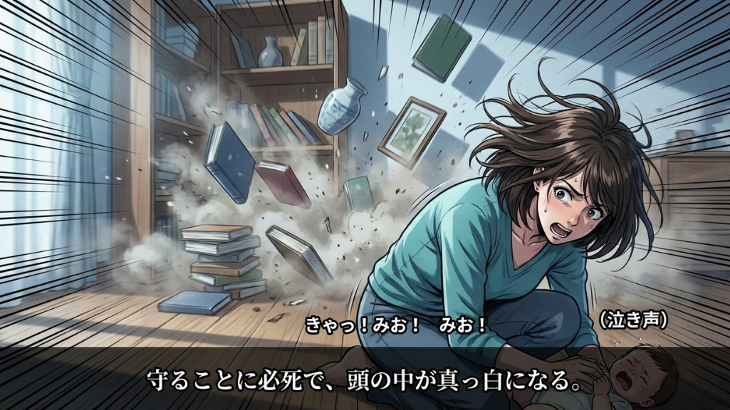 地震発生で室内が揺れ家具が倒れる危険を描いた防災ストーリー漫画