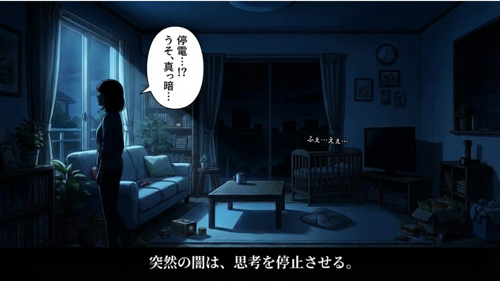突然の停電で真っ暗になった夜の部屋で不安になる家族のイメージ