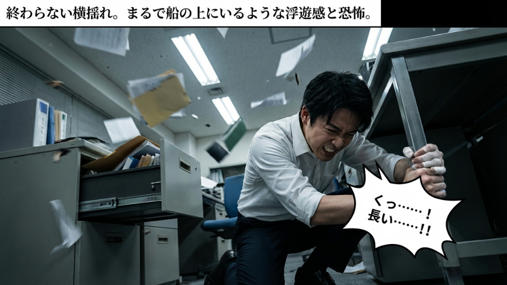 激しい揺れの中で机にしがみつく男性と飛び散る書類の混乱