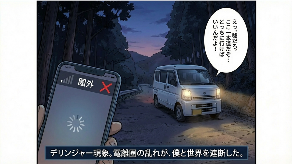 山道でスマートフォンが圏外になりナビと通信が途絶えた車内のイメージ｜電離圏の乱れによる通信断
