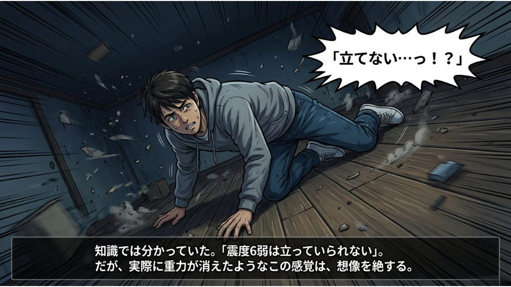 この画像は、震度6弱という巨大地震の現実的な恐怖を、主人公の視点を通じて生々しく描写しています。「重力が消えたような」という表現は、立っていられないだけでなく、身体のコントロールさえ失ってしまうような、想像を絶する揺れの感覚を読者に伝えています。