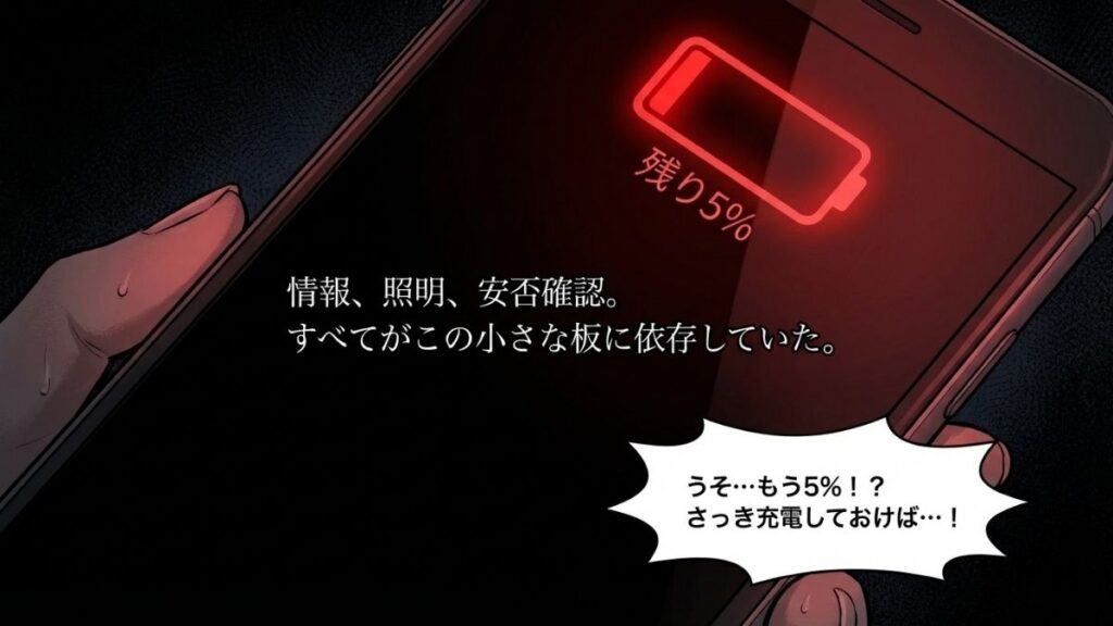 停電中、残りわずか5％のスマートフォン電池に気づき、後悔と焦りを感じる瞬間を描いたシーン