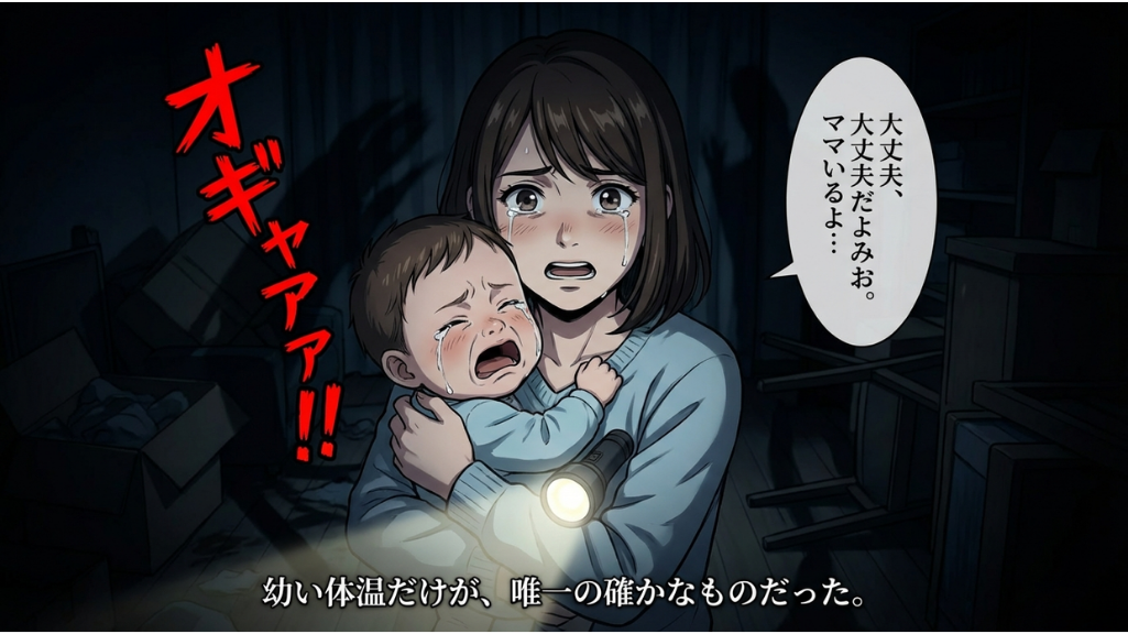 停電の暗闇で赤ちゃんを抱きライトを照らす母親の防災イメージ」