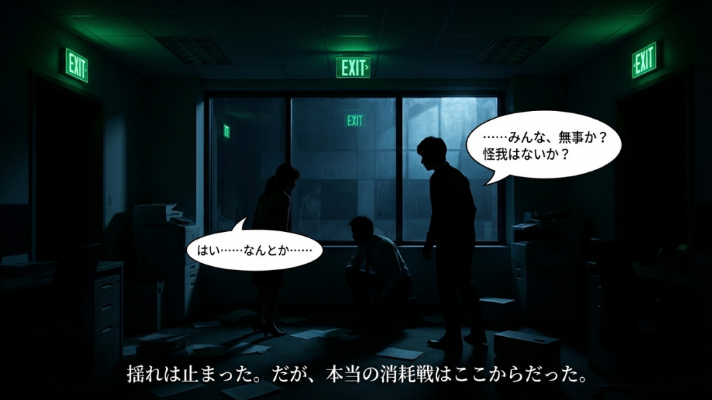 停電したオフィスで社員同士が安否確認する暗い室内の様子