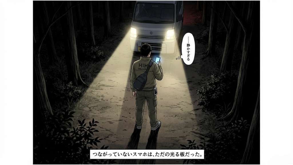 通信が途絶えた夜の山道でスマートフォンを見つめ立ち尽くすドライバー｜つながらないスマホの無力さ
