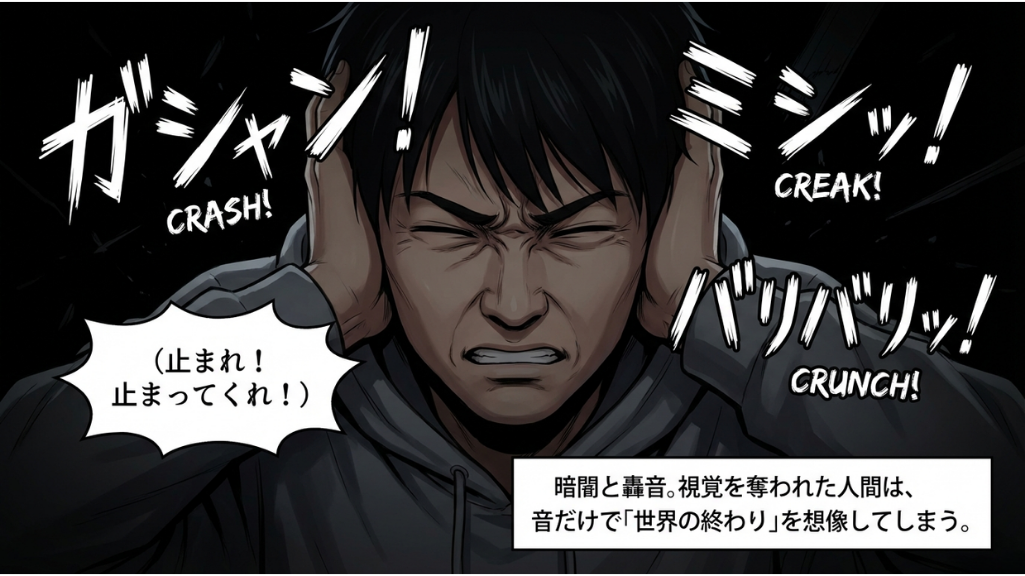 暗闇の中で両耳を塞ぎ、目を強く瞑って耐える男性を描いた漫画のコマ。「ガシャン！」「ミシッ！」「バリバリッ！」という破壊音の擬音語が飛び交い、彼の思考フキダシには「（止まれ！止まってくれ！）」とある。下部のテキストボックスには「暗闇と轟音。視覚を奪われた人間は、音だけで「世界の終わり」を想像してしまう。」と記されている。