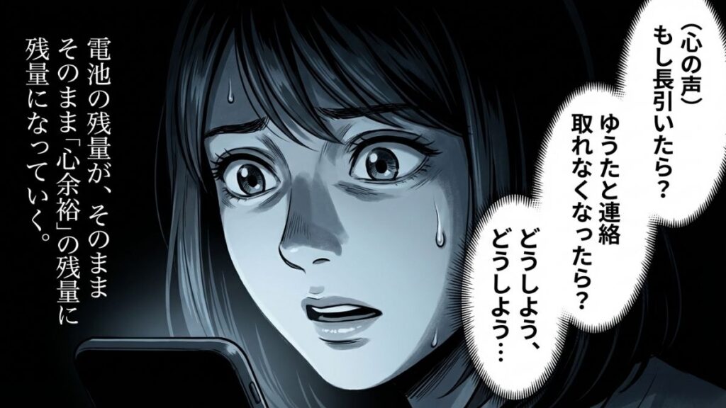 電池残量の減少とともに不安が募り、連絡が取れなくなる恐怖に混乱する女性の表情を描いたシーン