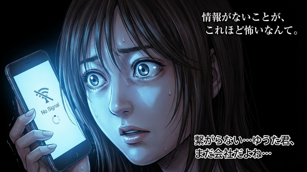 災害時の恐怖と焦りを描いた女性の表情アップの防災ストーリー漫画