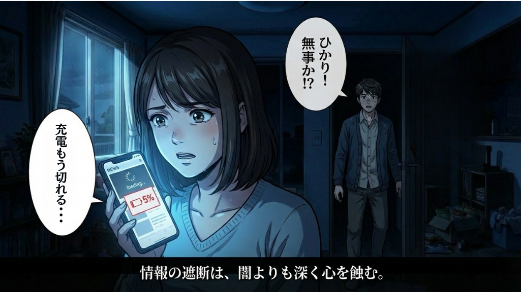 停電時にスマホの充電が切れそうで不安になる家族の防災イメージ